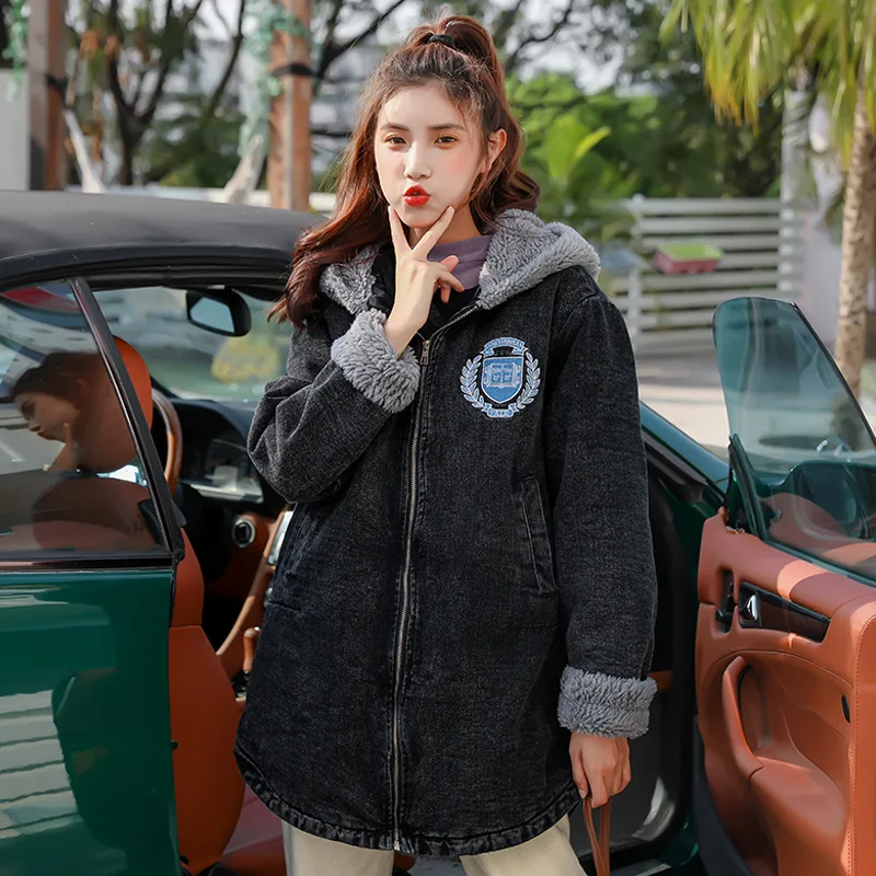 

2019 Winter New Style Cowboy Cotton-padded Clothes Cotton Coat Korean-style Brushed And Thick Loose-Fit Mid-length Lambs Wool Co