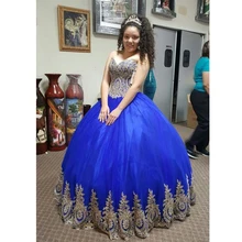 Бальное платье Королевского синего цвета, бальные платья для девочек, Золотое платье с кружевными аппликациями и сердцеобразным вырезом, красивое платье для девочек 16, вечернее платье на выпускной, индивидуальный заказ