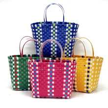 Вязанная летняя сумка с короткими ручками в стиле пэчворк разноцветные корзины для овощей для кухни корзины для домашних животных женская сумка для покупок сумка для хранения