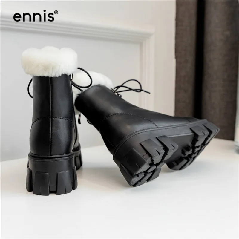 ENNIS/зимние черные ботинки на платформе; женские зимние ботинки из натуральной кожи; теплые плюшевые ботинки на шнуровке; Ботинки martin; обувь на толстой плоской подошве; A9377