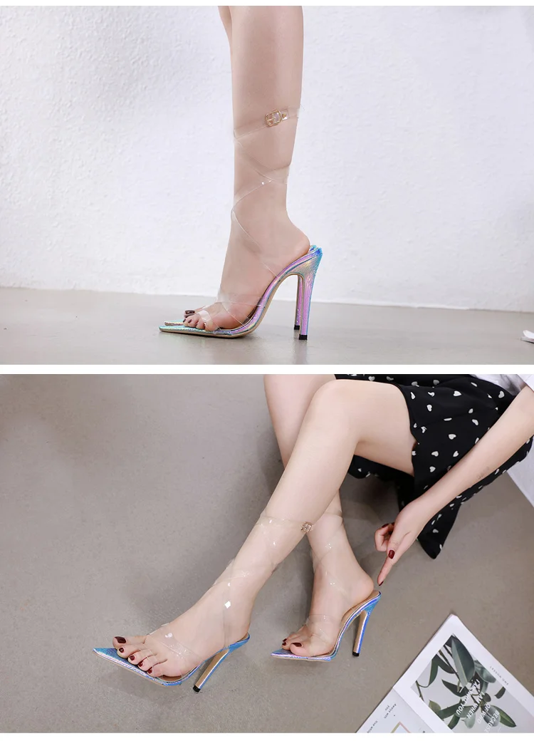 Aneikeh/ г.; Модные женские босоножки из пвх; бандажные туфли на тонком высоком каблуке с пряжкой и стразами; прозрачные открытые туфли с острым носком; Размеры 35-42