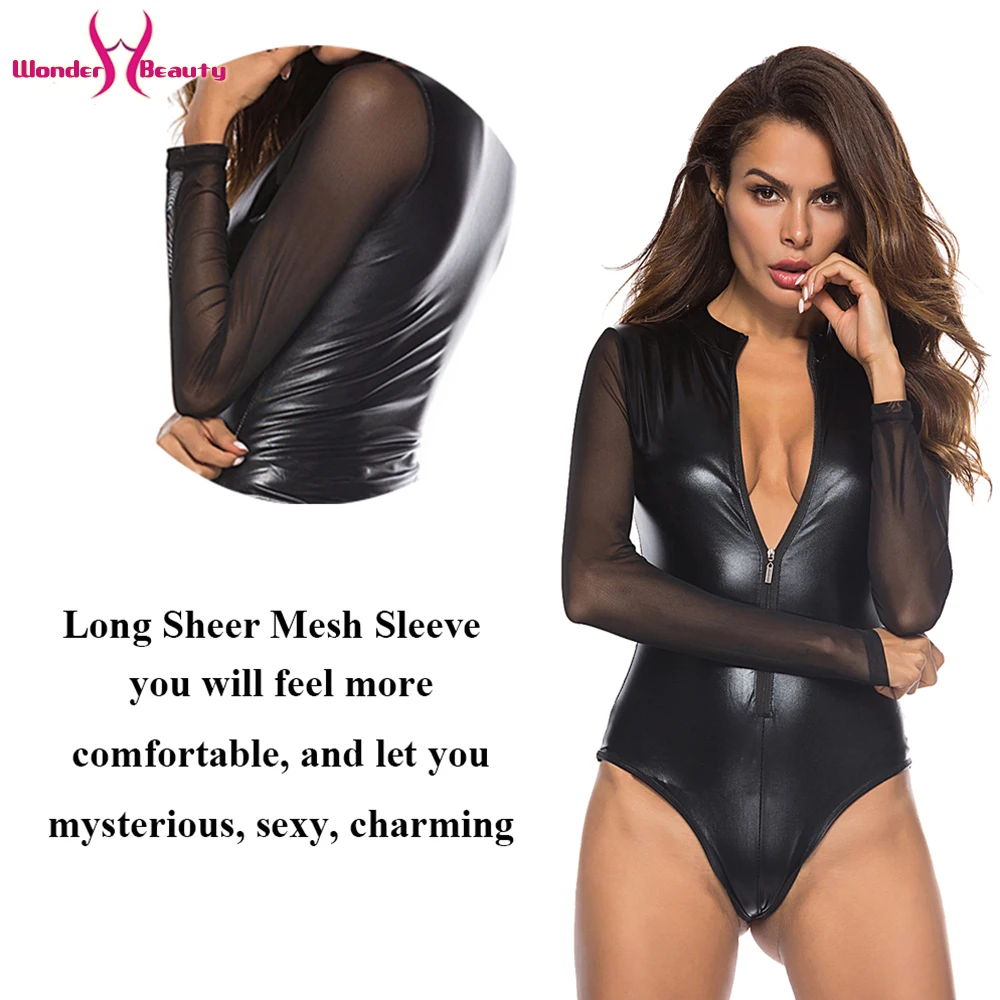 Long Sleeve Mesh Faux Leather Bodysuit Zipper Latex Wet Look Jumpsuit Clubwear Party PVC Catsuit (10)