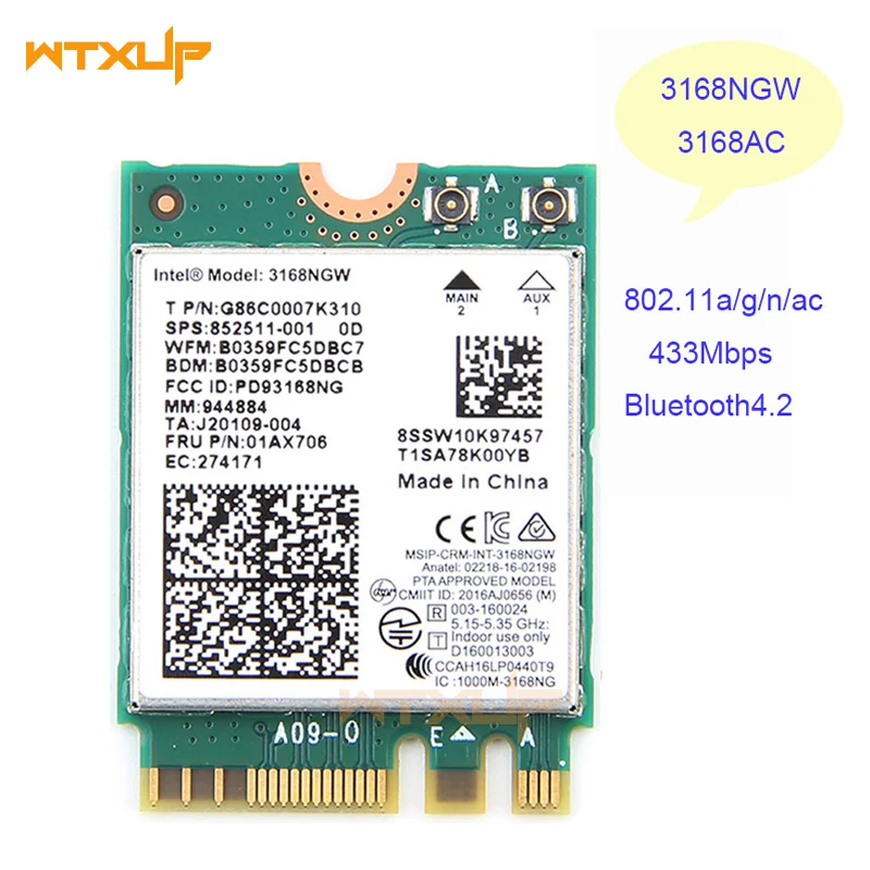 BT4.2 802.11AC NGFF HP 852511-001 WLAN Card Intel Dual Band 3168NGW WiFi M2