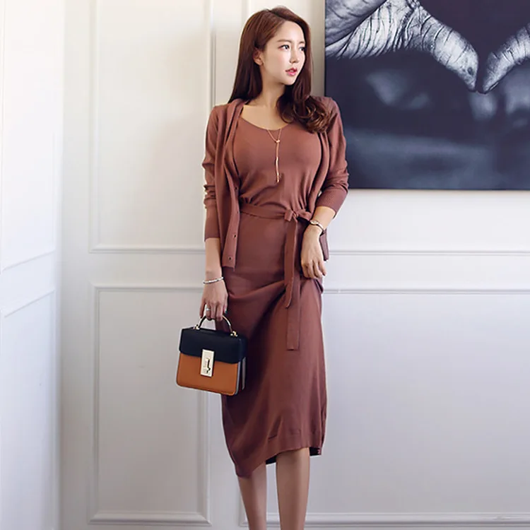 

2018 Winter New Products Korean-style Slim Fit Knitted Sweater Coat + Waist Hugging Lace-up Medium-length Strapped Dress Two-Pie
