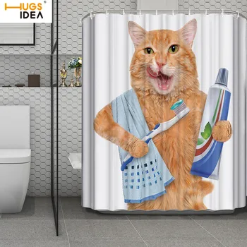 

HUGSIDEA Funny Cat Fabric Shower Curtain Waterproof Curtain for Bathroom Daily Home Decoration Curtains Bad Cat Printed Curtains