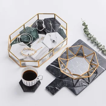

Golden Cosmetic Tray Polygon Glass Makeup Organizer Tray Dessert Snack Plate Home Decor Jewelry Display Stand