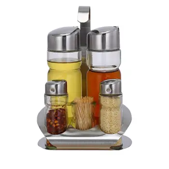 

5PCS Cruet Set with Toothpick Box Anti-dust Moisture-proof Stainless Steel Dining Table Counter Top Seasoning Box Set