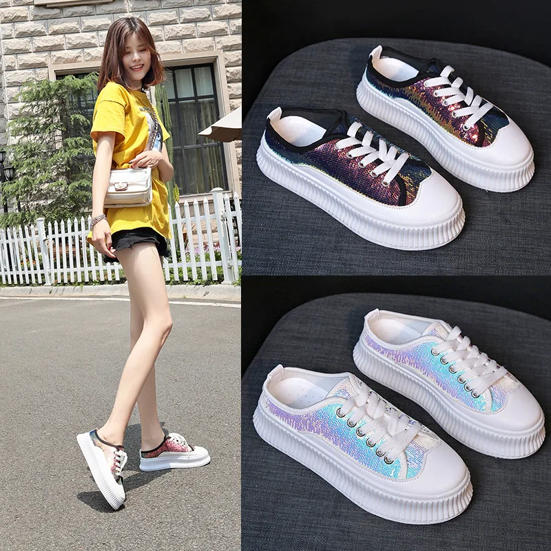 

Closed-toe ban tuo xie Women's Summer Fashion Outer Wear 2019 New Style Korean-style Sequin Thick Bottomed Platform No Heel Loaf