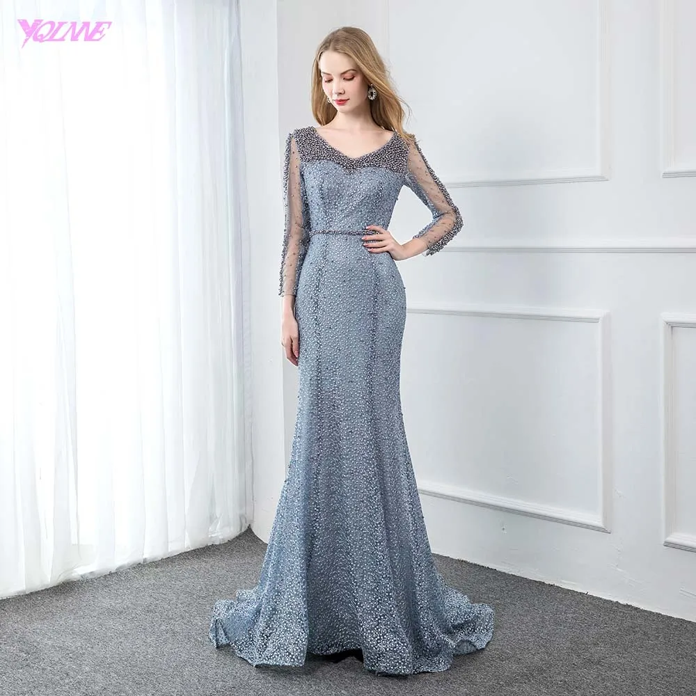 YQLNNE элегантное вечернее платье с длинными рукавами вечернее женское вечернее кружевное платье с жемчужинами платья русалки