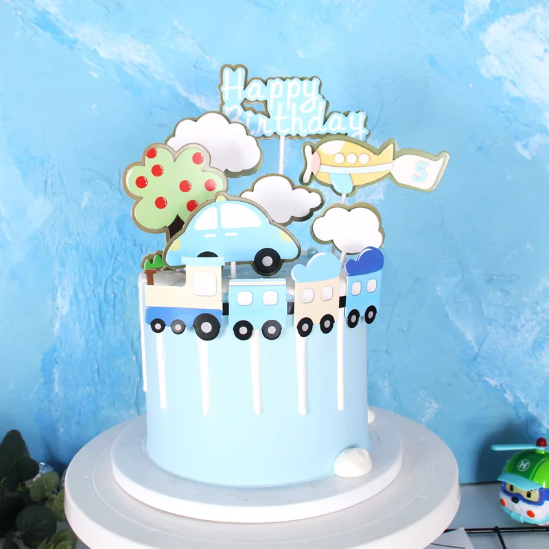 

Happy Birthday Cake Topper Pilot Plane Car Tree Clouds Anniversaire Decor Flag Party Baking Supplies Cupcake Toppers Baby Shower