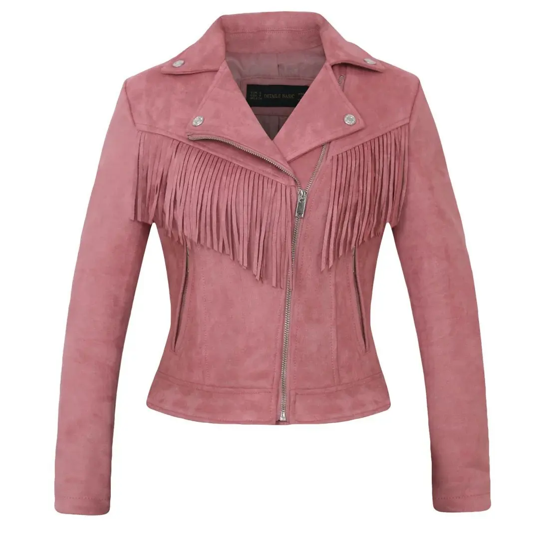 

2018 Spring New Style Suede Short Locomotive Casual Jacket Spring And Autumn Fold-down Collar Slim Fit Tassels Coat Women's Fash