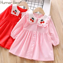 Humor Bear Girls Autumn Dress New Baby Doll Collar Embroidery Dress Long Sleeve Cute Princess Dress Children's Clothing