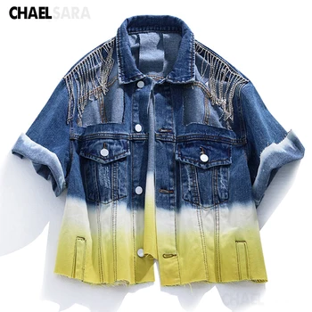 

Streetwear Style Gradient Denim Jacket Women Korean Chic Tassel Hole Casual Loose BF Jeans Coat