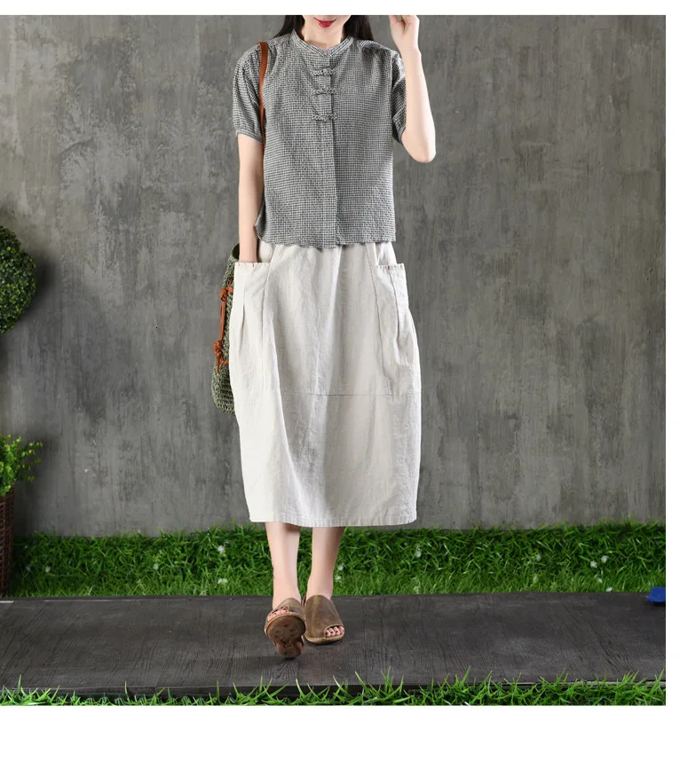 NINI WONDERLAND Spring Solid Cotton Linen Skirt Women Patchwork Loose A-line Skirt Female Mori Girl Style Skirt With Pocket