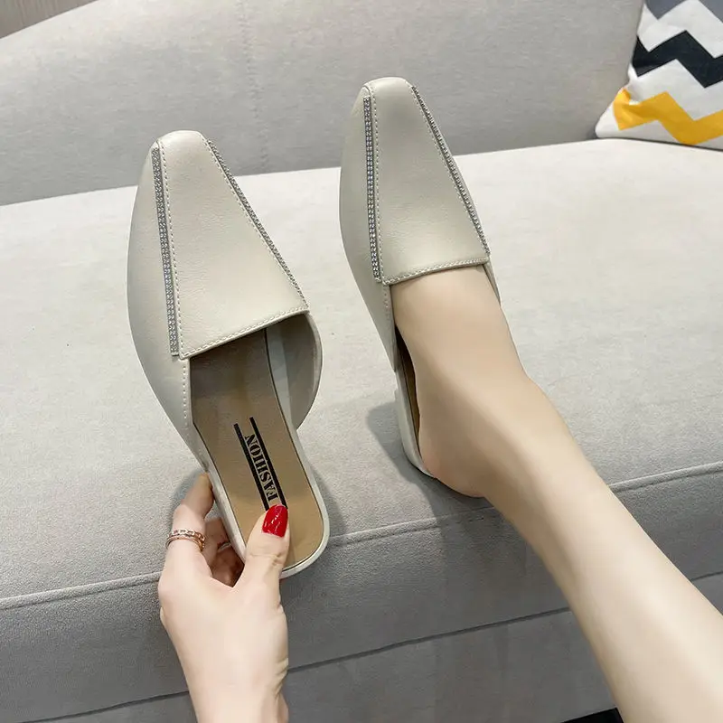 Women Low Cool Slippers Pointed Toe Flats Bottom Fashion Summer Drag Sandals Woman's Baotou Slippers Lazy Casual Mules Shoes