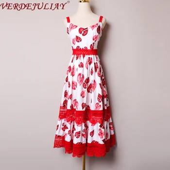 

VERDEJULIAY Sweet Lady Fairy Dresses Spaghetti Strap 2020 Spring European Milan Fashion Runway Floral Stitching Lace Midi Dress
