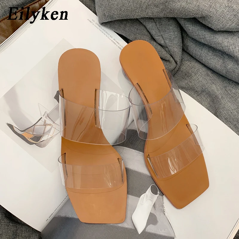 Ceny Eilyken Crystal Ball na niskim obcasie PVC przezroczysty kapcie kobiety Peep toe letnie klapki moda nowy projekt kapcie outdoor