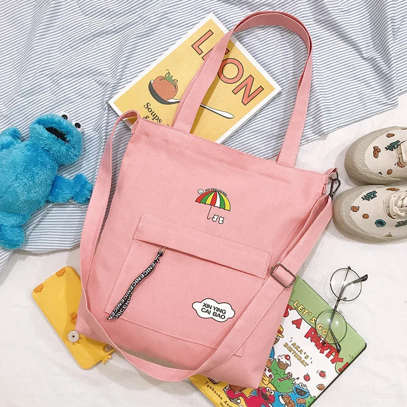 Pink Новая Холщовая Сумка из овечьей шерсти, большая Вместительная женская сумка для покупок с рисунком зонта, сумки через плечо для девушек - Цвет: Pink