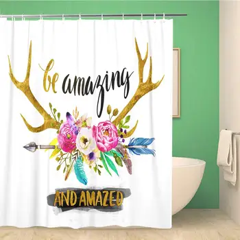 

Bathroom Shower Curtain Colorful Arrow Watercolor Deer Horns and Flowers Boho Tribal Polyester Fabric 66x72 inches Waterproof