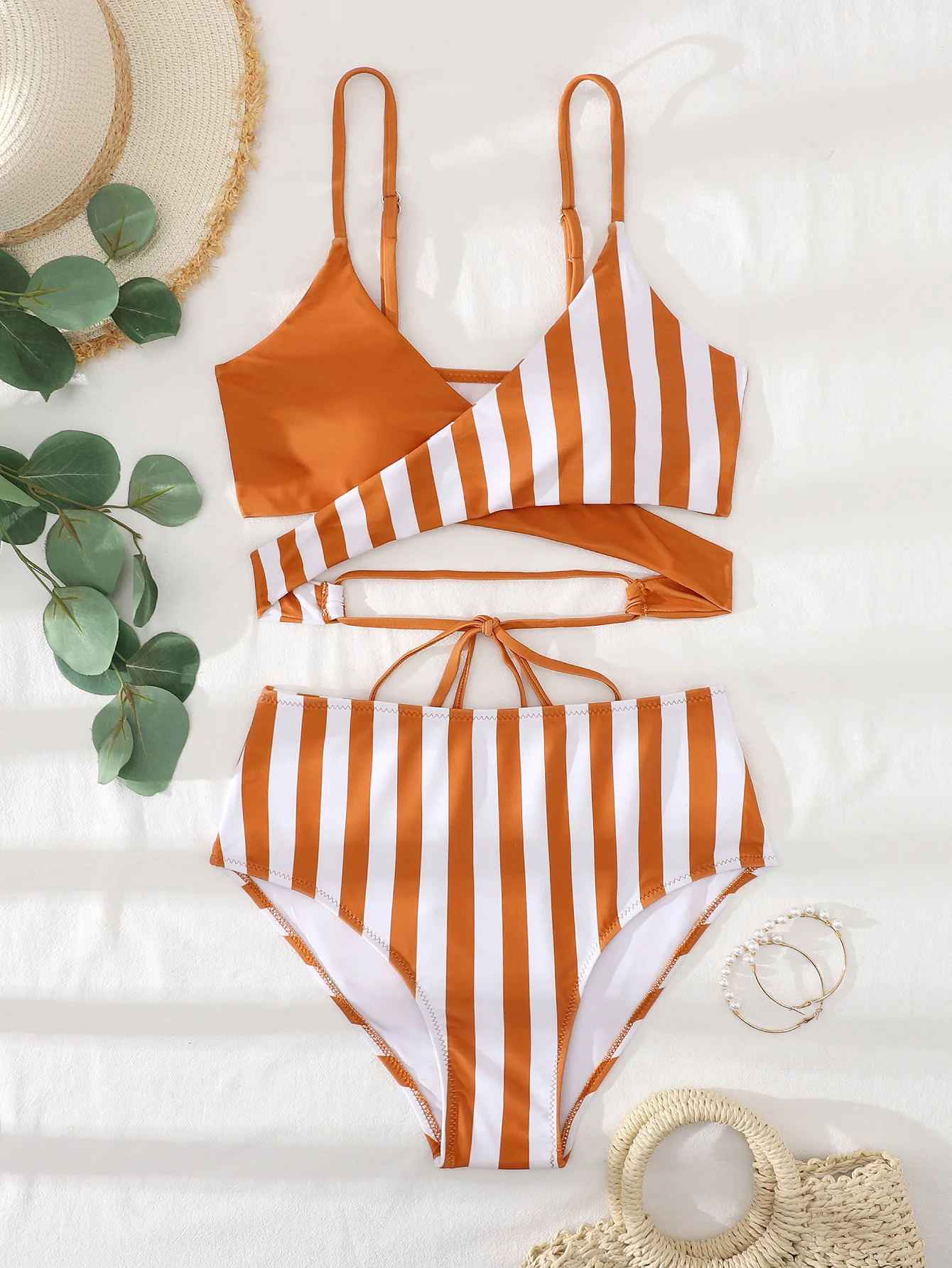 Бикини с высокой талией полосатый купальник женский подкладкой 2021 женская