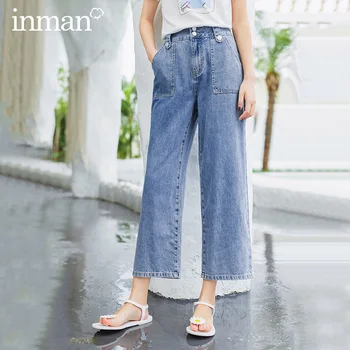 

INMAN Summer New Arrival Mid High Waist Dubble Breasted Fashion Oversize Straight Shape Jeans Pant
