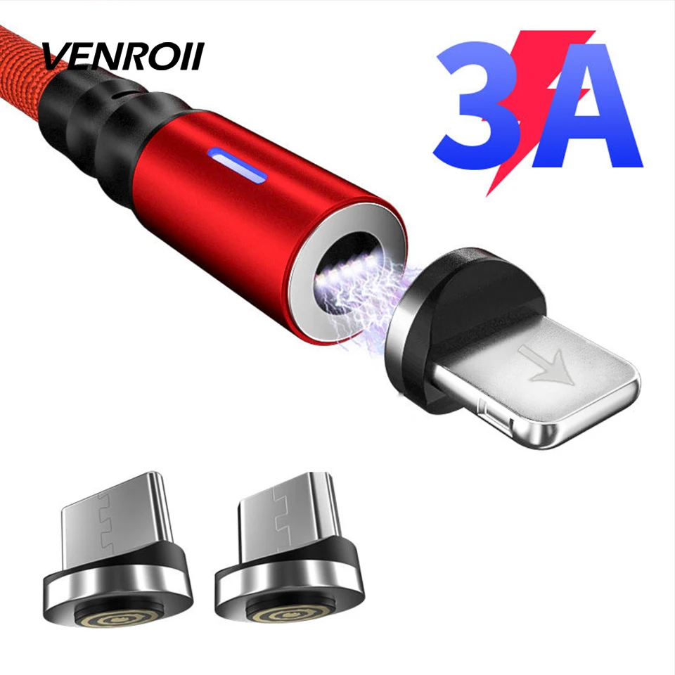 Магнитный кабель Venroii 3A, микро USB, быстрая зарядка, Тип C, магнитное зарядное устройство для телефона, usb type-C, для samsung S8, S10, Xiaomi, huawei, Honor