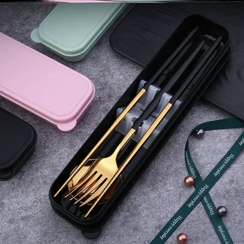 

Japanese Korean Style Stainless Steel Portable Flatware-Chopstick Spoon Set with Organizer Box For Student Office Travel Cutlery