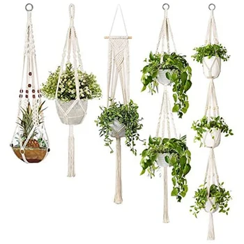 

5pcs 100% Handmade Hanging Baskets Flowerpot Plant Holder Tray Macrame Plant Hanger Wall Decor Garden Hanging Planter Basket