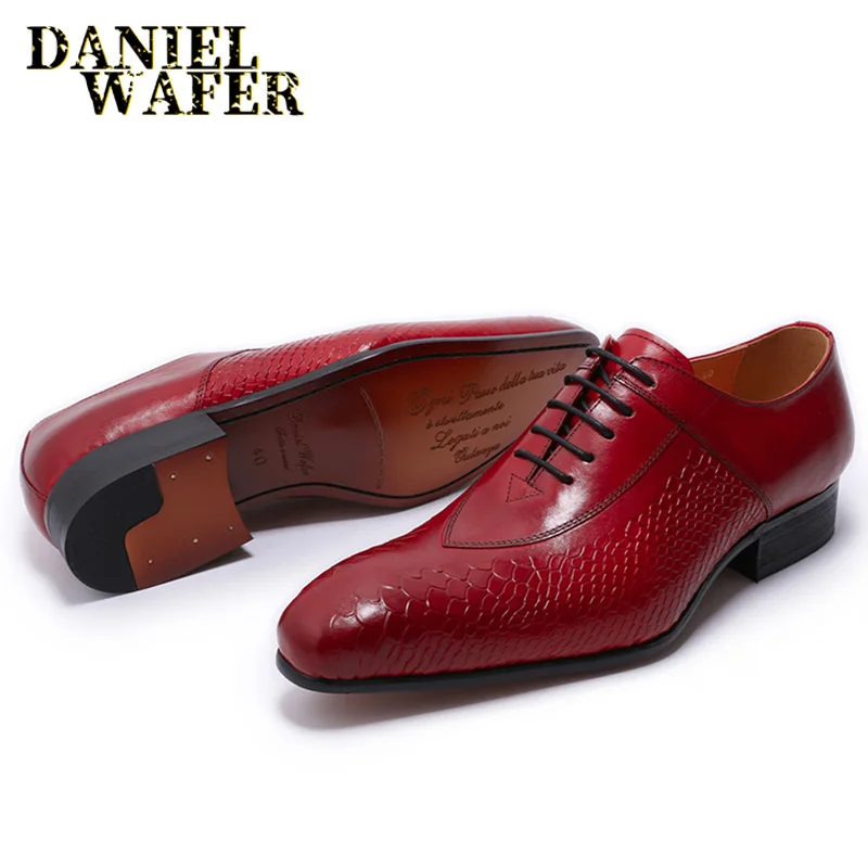 FASHION MEN LEATHER SHOES SNAKE SKIN PRINTS BLACK RED LACE UP POINTED TOE CASUAL OFFICE WEDDING PARTY DRESS OXFORD SHOES FOR MEN - Цвет: Red