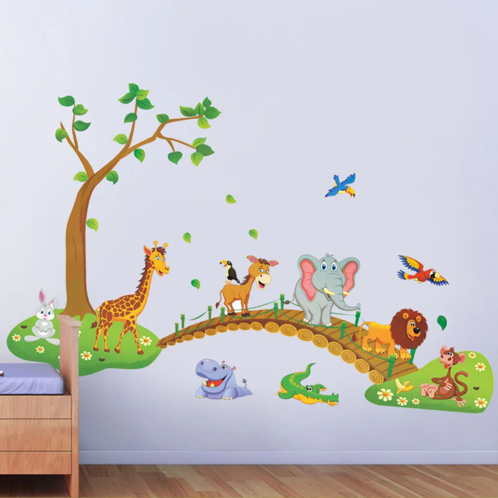cartoon jungle wild animal tree bridge lion giraffe elephant birds flowers wall stickers for kids room living room home decor