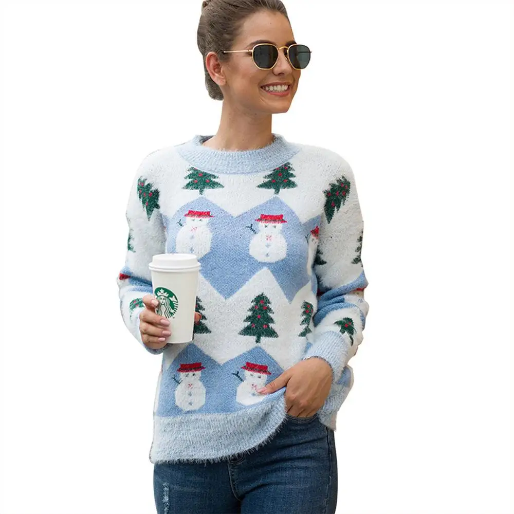 Fadzeco, Женский вязаный Рождественский свитер, зима-осень, Повседневный, свободный, с рисунком рождественской елки, снеговика, пуловеры, свитер - Цвет: Синий