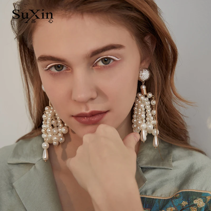 Серьги SuXin новинка 2020 простые серьги кисточки с жемчугом цепочки для женщин