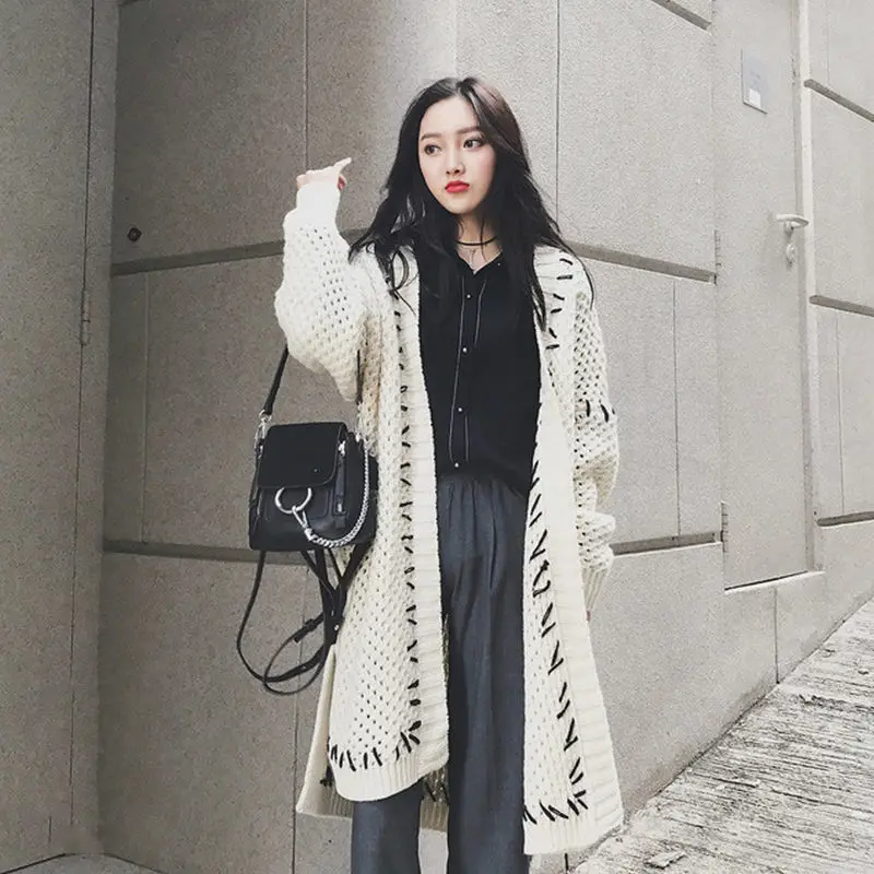 Korean Color Matching Hollow Sweater Women's Cardigan Loose Large Size Long Autumn Knit Sweater Coat Design Knitwear Blusa f2057