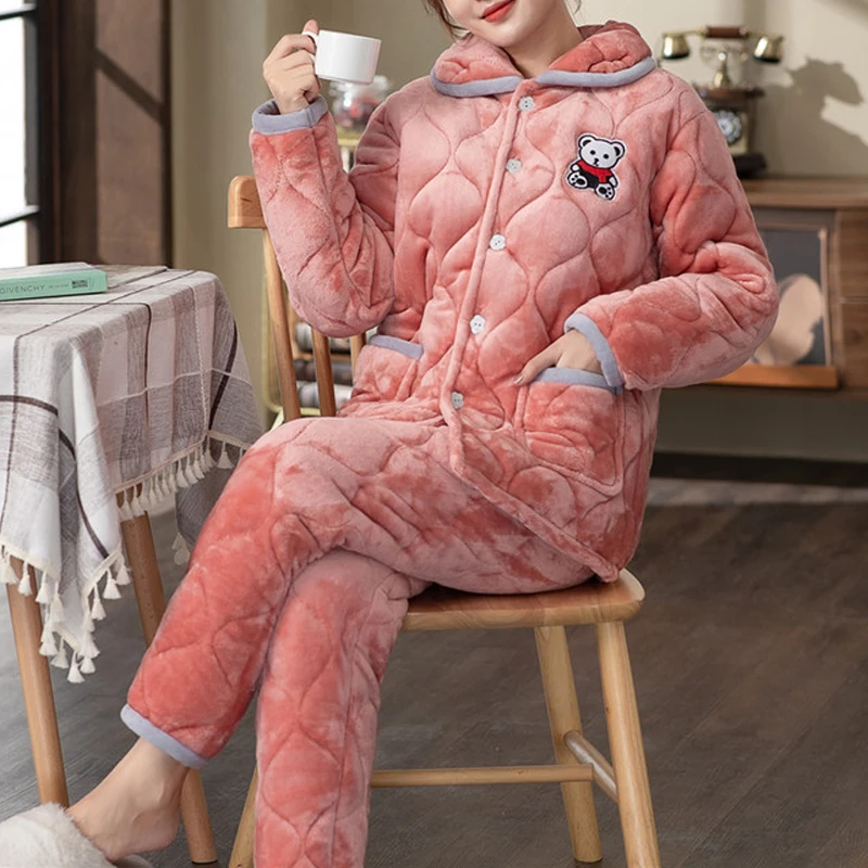 Winter Pajamas Set Women Pyjamas Flannel Warm Long Pants 2piece/Set  Sleepwear