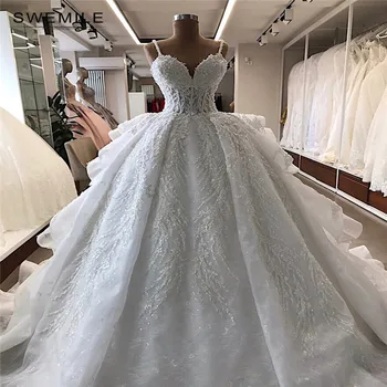 شراءVestido دي Noiva رائع كبيرة التأرجح الدانتيل فستان الزفاف الفاخرة Sweatheart أثواب الزفاف كاتدرائية قطار رداء دي Mariee