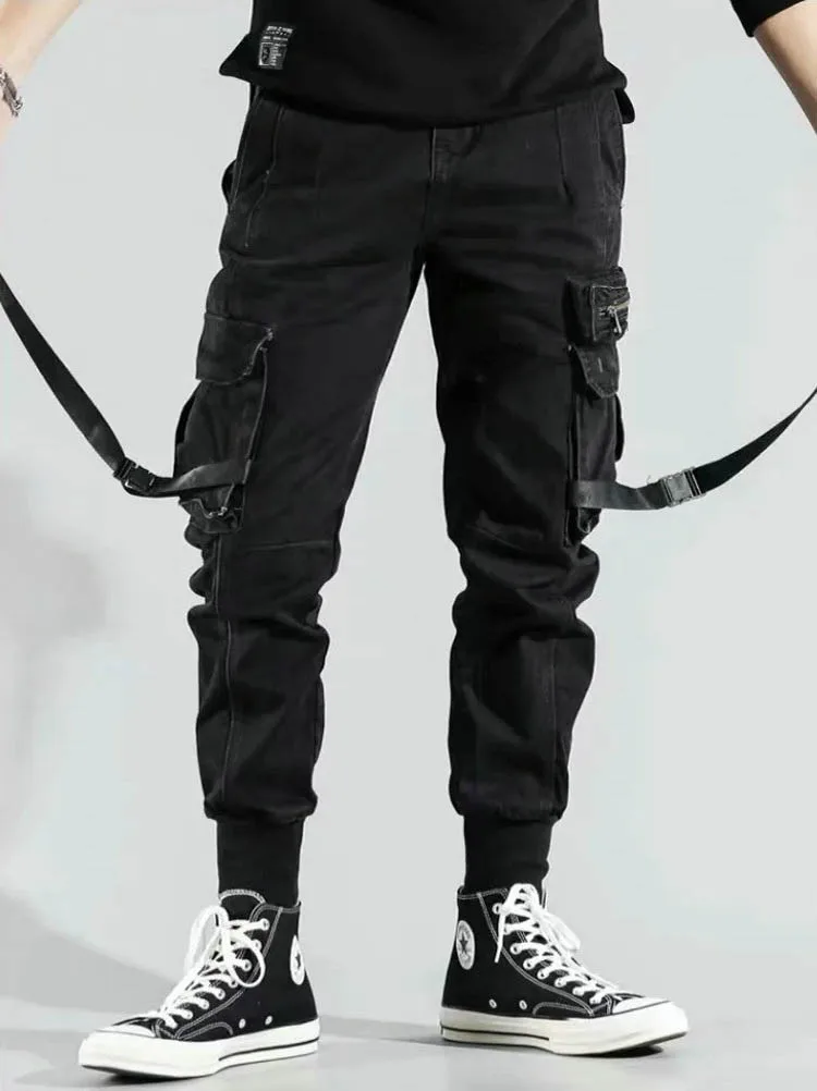 Мужские боковые шаровары с карманами брюки Осенние Хип-хоп повседневные мужские джоггеры с лентами модные уличные брюки черные