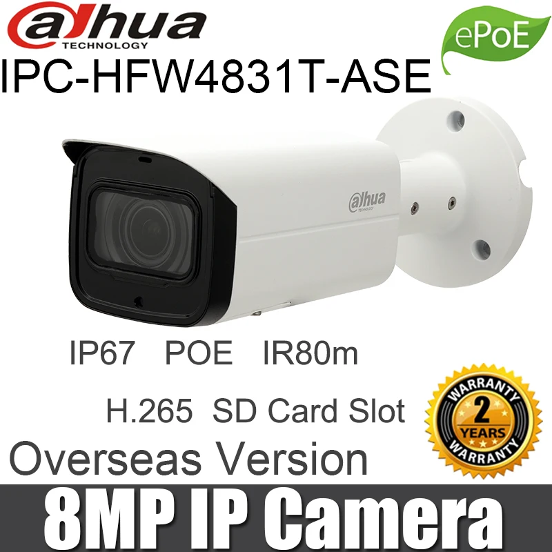 

Dahua IPC-HFW4831T-ASE 8MP POE WDR Mini Bullet Network Camera IR 80M IP67 H.265 English IP Camera Original CCTV Surveillance