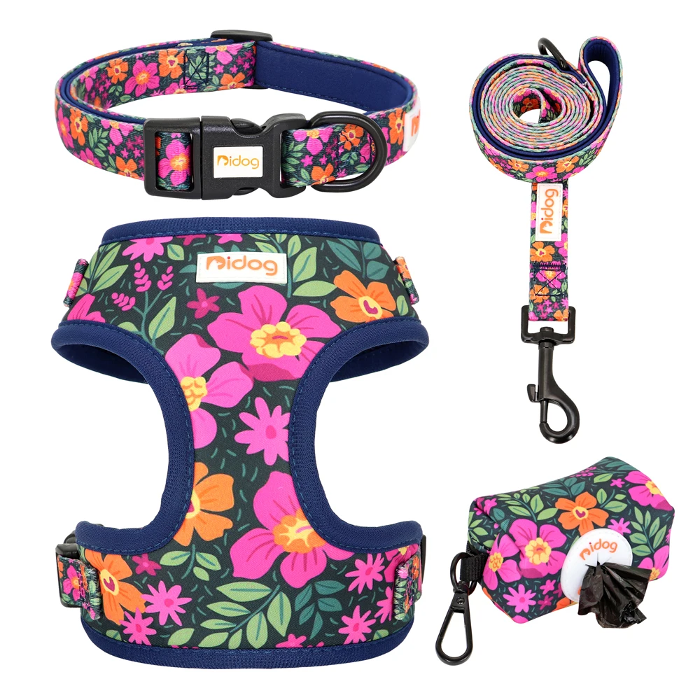 Print Dog Collar Harness Leash Poop Bag Set Adjustable Pet Collars Vests For Small Medium Dogs Pets Walking Rope Garbage Bags shock collar for dogs Dog Collars