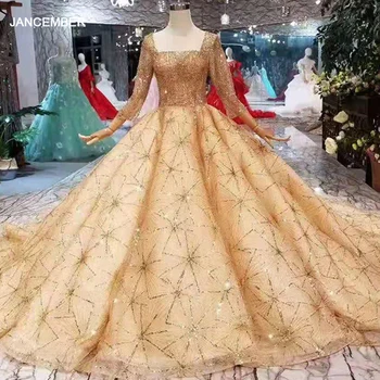 شراءLS11081 الذهبي ثوب زفاف فاخر مربع الرقبة طويلة الأكمام سباركلي فساتين الزفاف الشمبانيا لامعة الدانتيل فستان حفلات الزفاف 2020
