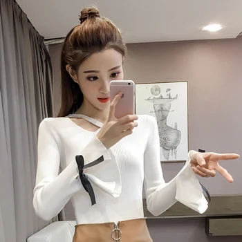 

755 #2017 Slim Fit Bell Sleeve Sweater Ribbon Bow Sweater