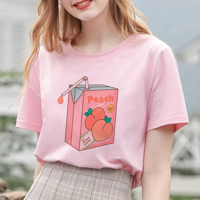 Summer New Pink Fashion Korean Style Women's Japanese Peach Juice Drink Print Harajuku Vogue Casual Loose Kawaii Female T Shirt