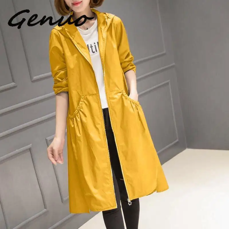 

2019 Spring Autumn New Korean Casual Windbreaker Ladies Vintage loose Large Size thin Long Trench Coat for Women Hooded Top