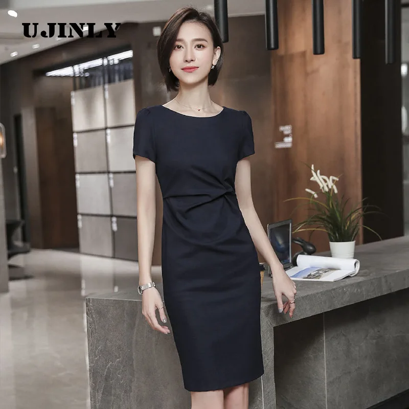 

2019 Summer New Style Korean-style Commuting Short Sleeve Crew Neck Slim Fit High-waisted Pleat Mid-length Dress-Style Skirt