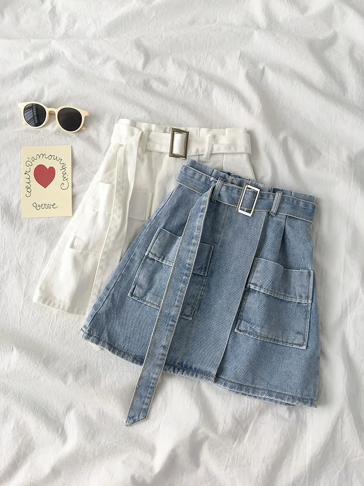 

ins New 2019 New Blue White High Waist Jeans Skirt Streetwear Bottoms Belt Pockets A-line Denim Skirt Jupe Femme G782