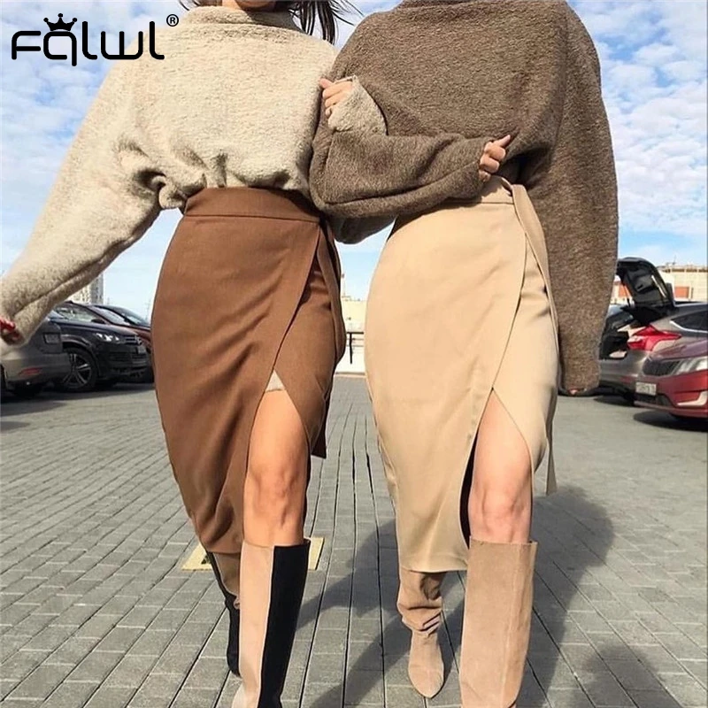 Brown FQLWL хаки замша длинные юбки для женщин s Осень Зима Повседневная юбка с запахом на шнуровке Женская миди-юбка с высокой талией офисная Дамская элегантная - Цвет: Brown