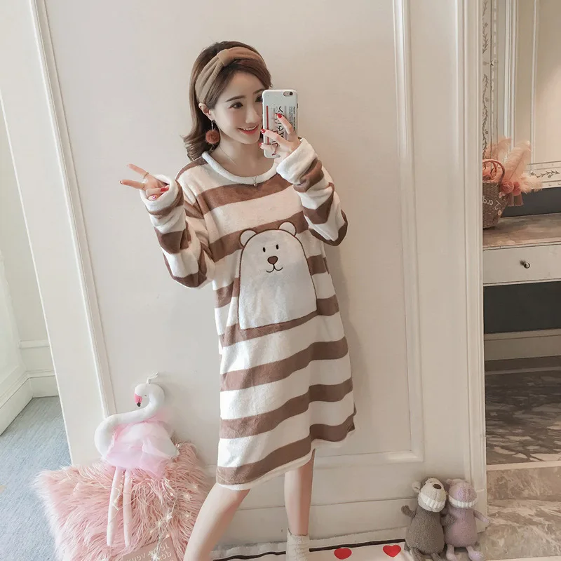 Velvet Flannel Long Sleeve Women's Pajamas Winter Thicken Cute Cartoon Animal Bear Printed Sleepwear Sweet Student Knee Length