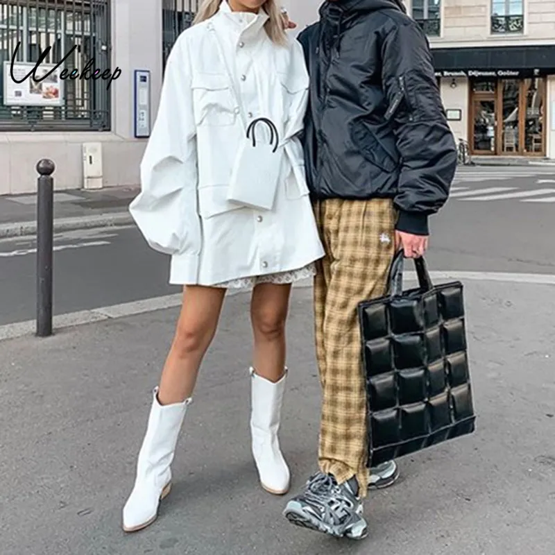 

Weekeep Pockets Patchwork Loose Stand Collar Trench Coat Women Lantern Sleeve High Waist Streetwear Windbreaker Trenches