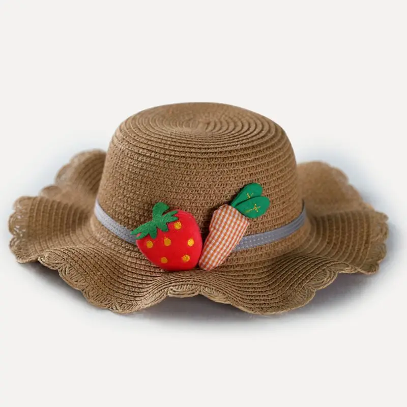 

Kids Girls Summer Wide Brim Sun Hat Woven Straw Beach Bucket Cap with Cute Strawberry Carrot Decor Portable Zipper Handbag Purse