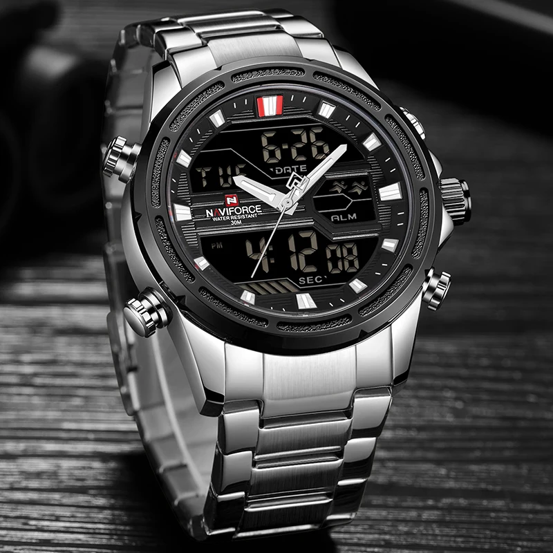 Naviforce Luxury Mens Watch Full Steel Military Wristwatch Digital Sports Watches Men Waterproof-3