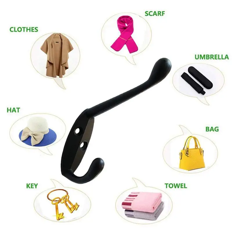 9 Pack heavy duty Coat Hooks Wall Mounted for Hat hardware Dual Prong Retro Coat Hanger with 20 Screws Black Color